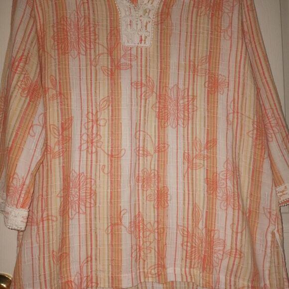 Alfred Dunner Women's 14 White Pink Striped 3/4 Sleeve V-Neck 100% Cotton Top - Picture 2 of 9